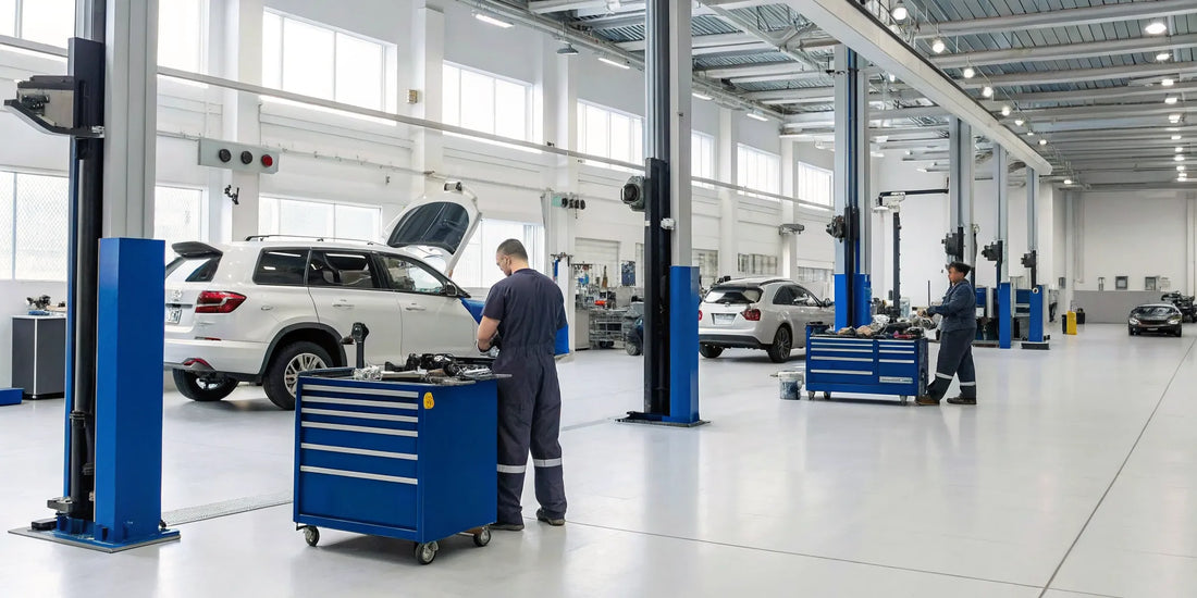 Certified mechanics at a modern diesel repair shop using advanced tools to service a diesel engine.