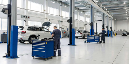 Certified mechanics at a modern diesel repair shop using advanced tools to service a diesel engine.