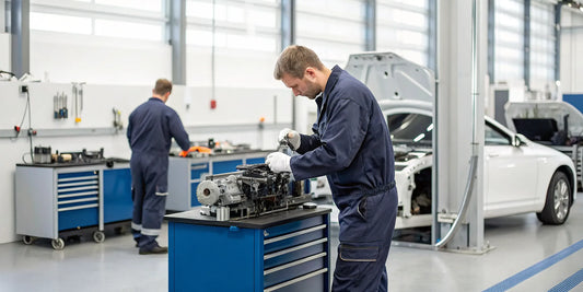 A good diesel mechanic near me performing an engine repair on a truck.