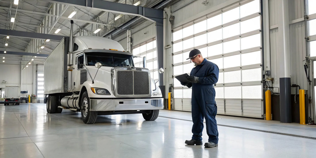 Heavy-duty diesel mechanic inspecting a semi truck engine in a Watertown, SD repair shop.