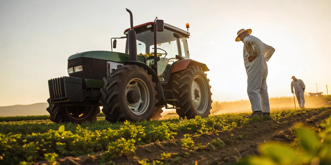 Farmer inspects a tractor that needs agricultural equipment repair in Brookings, SD.