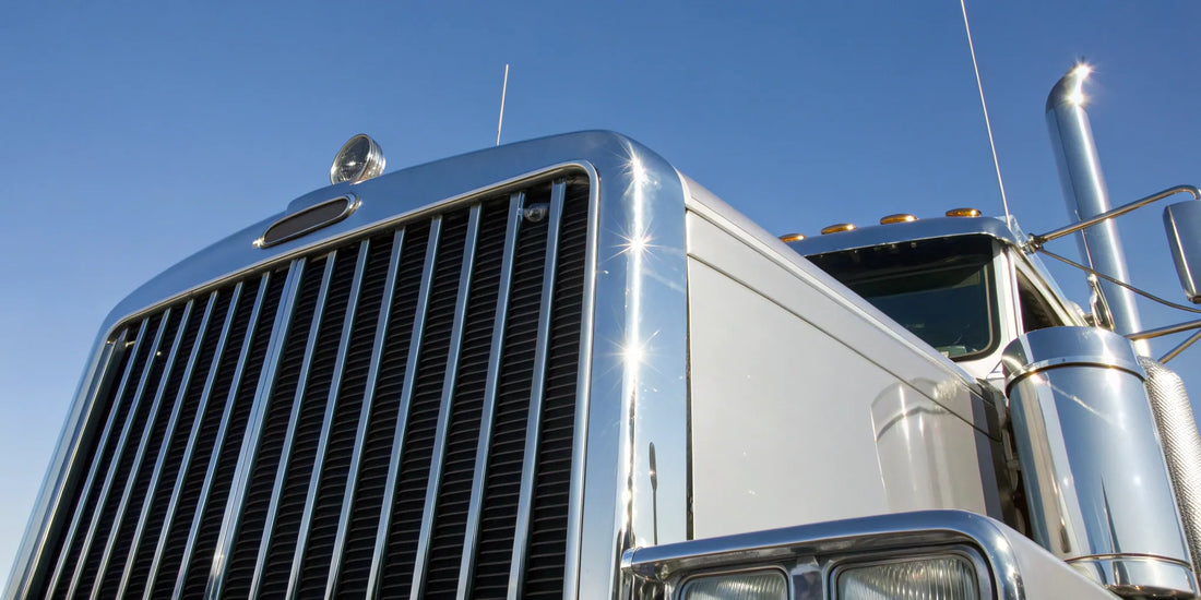 A semi truck's chrome grille, a common item when searching for truck parts online.