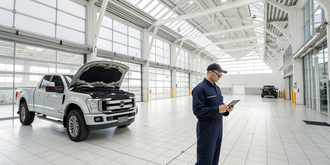 A Sioux Falls diesel specialist inspects a pickup truck engine.