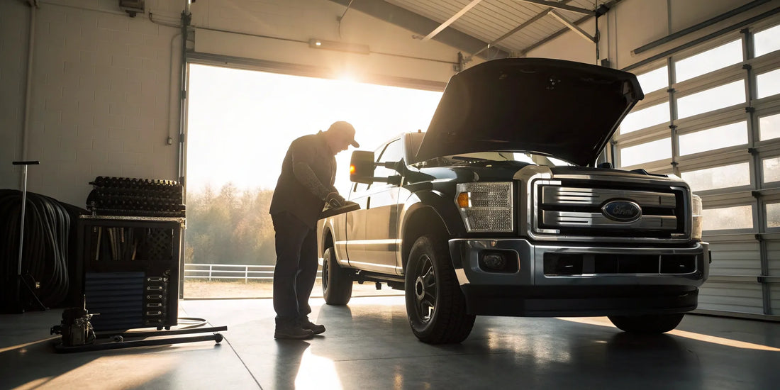 Person installing heavy duty truck parts on a large truck with the hood open.
