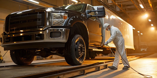A person in protective gear painting a truck frame with the body on.