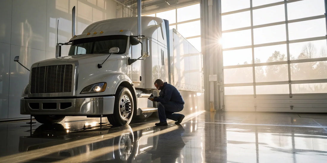 Technician at a semi truck repair shop diagnosing an air leak.