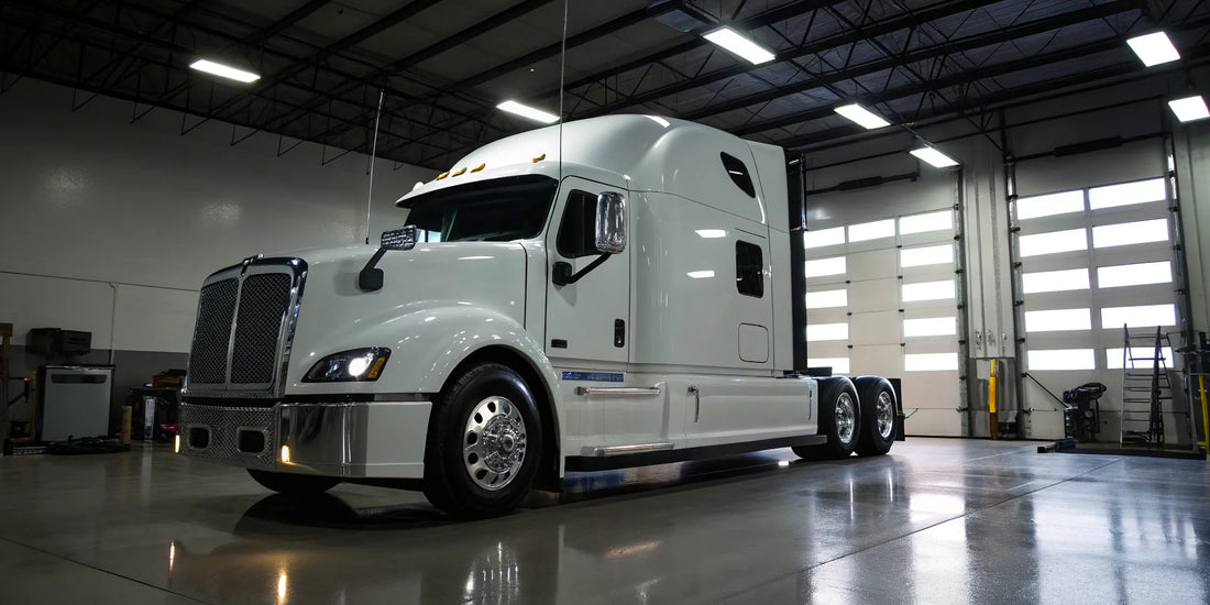 A white semi truck in a clean garage, prepped to sell online for more money.