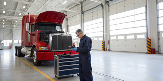 Cummins mechanic in Marshall, MN running diagnostics on a red semi truck.