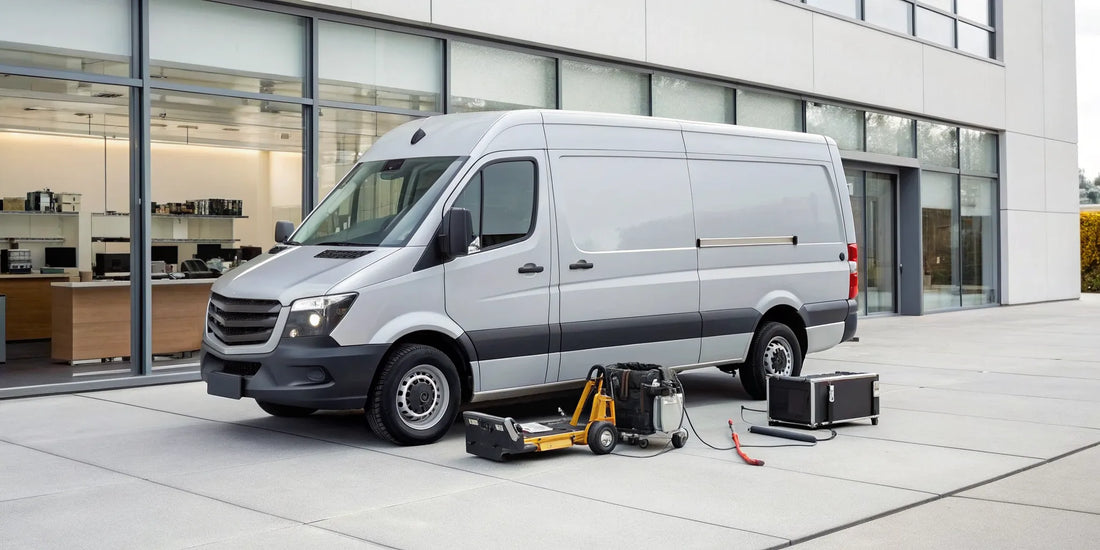 A mobile diesel repair van with tools providing on-site service at a commercial building.