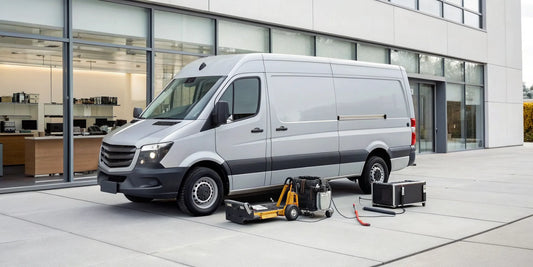 A mobile diesel repair van with tools providing on-site service at a commercial building.