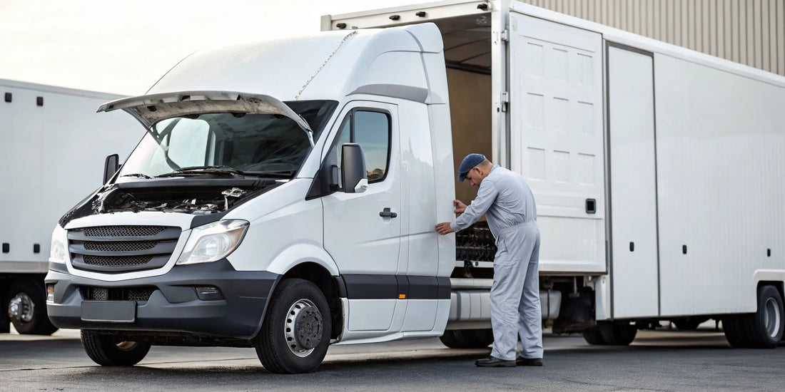 Mobile diesel mechanic making an on-site repair to a commercial van.