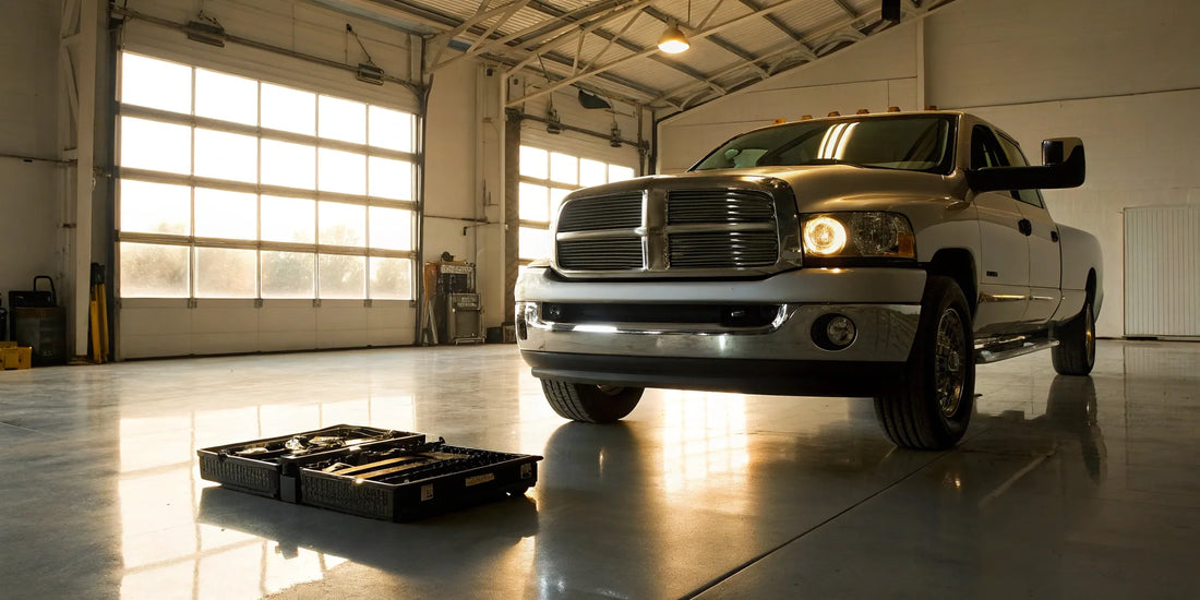 A pickup truck in a garage during the DIY installation of a MOVE bumper kit.