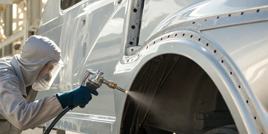 A person spray painting the frame of a semi truck.