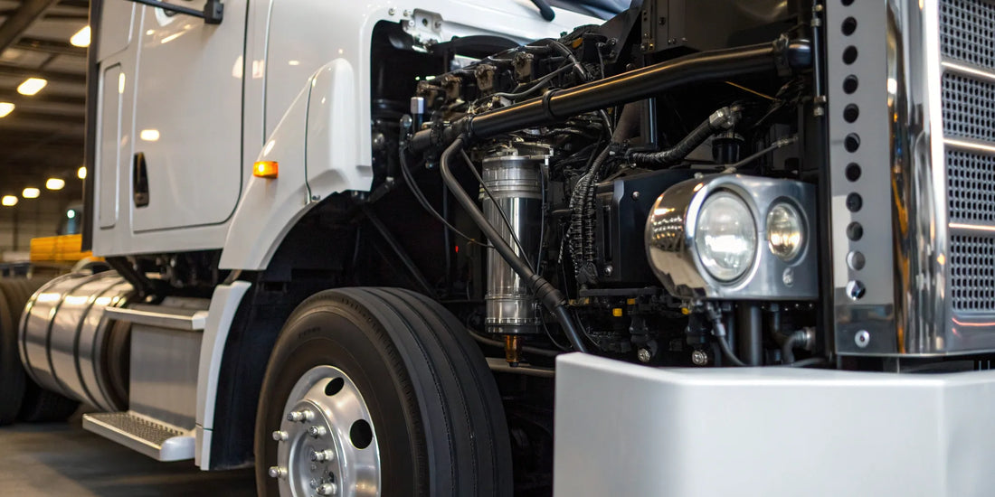 A semi truck's power steering pump location within the engine compartment.