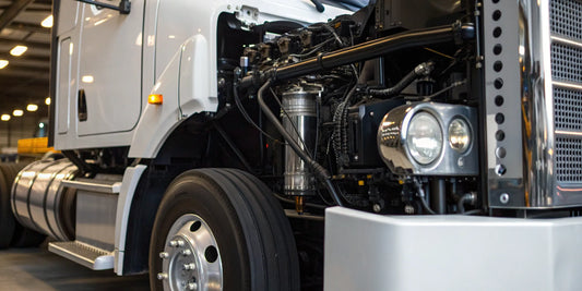 A semi truck's power steering pump location within the engine compartment.