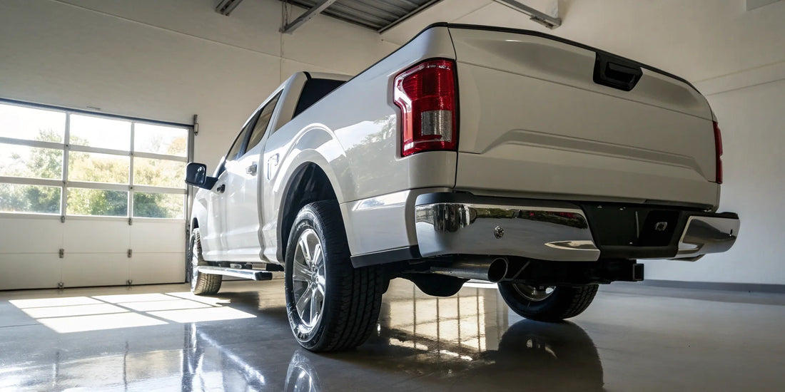 A white truck's rear bumper in an auto shop, a key component of the total replacement cost.