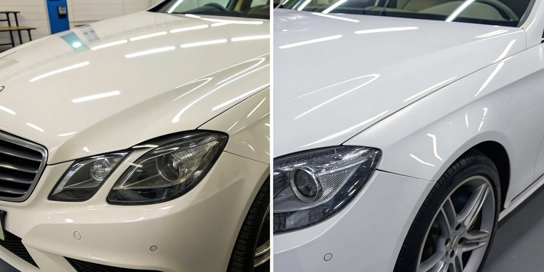 Before and after paint correction on a car, resulting in a mirror finish ready for ceramic coating.