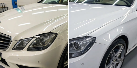 Before and after paint correction on a car, resulting in a mirror finish ready for ceramic coating.