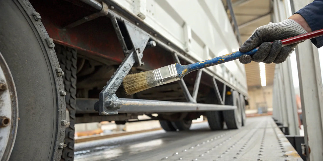 Applying protective paint to a semi truck frame with a brush.