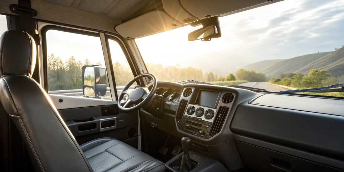 A spotless semi truck interior after a deep cleaning of the cab and dashboard.