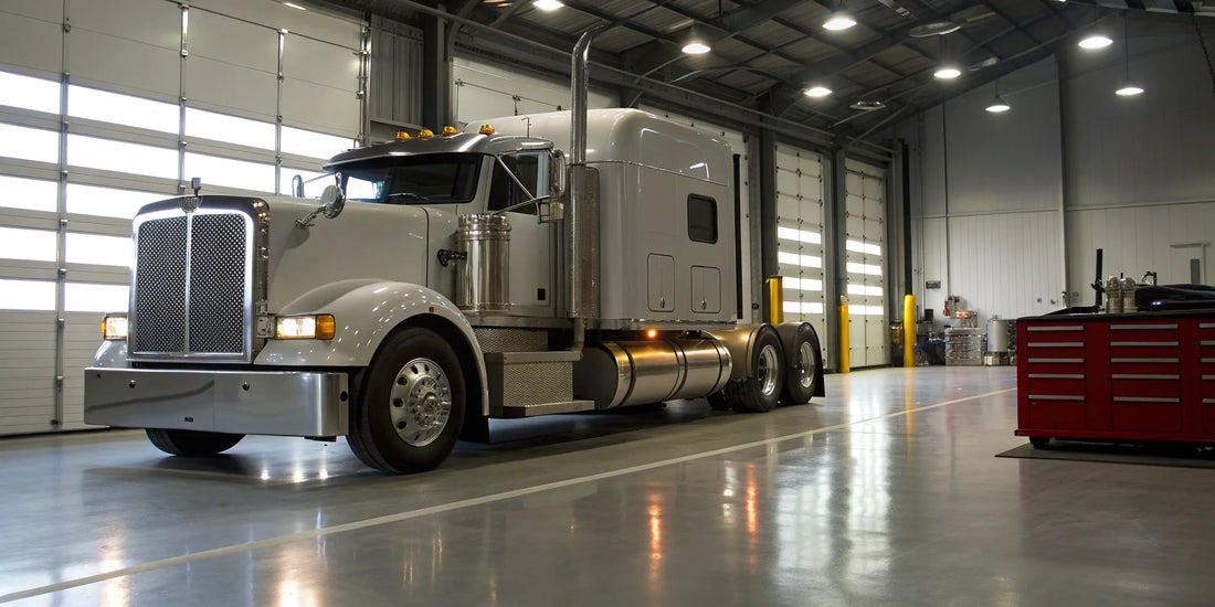 Semi truck in a service bay getting an oil change, a major factor in maintenance cost.