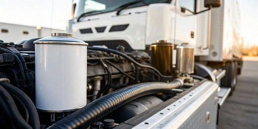 A new semi truck oil filter ready for installation on an engine.