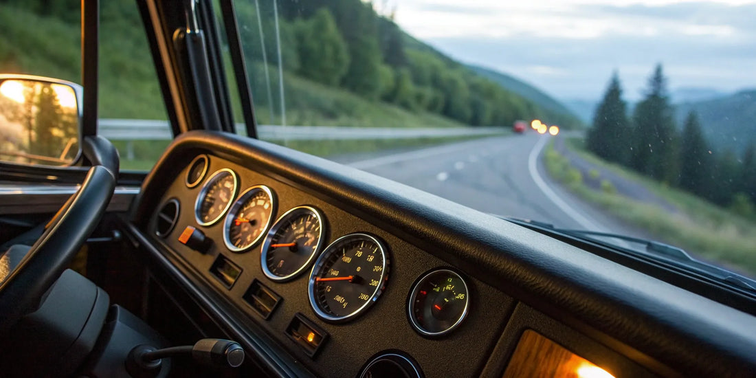 A semi truck's dashboard oil pressure gauge showing a high reading.