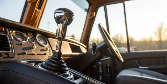 A chrome semi truck shifter extension installed in a truck cab.