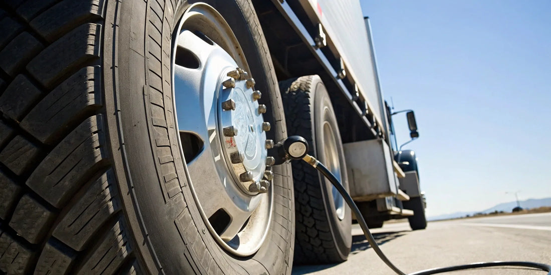 A person checking the tire pressure on a semi truck with a gauge.