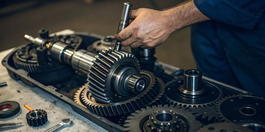 Mechanic performing a semi truck transmission repair on a workbench.