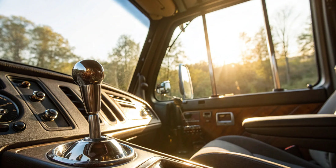 A semi truck's manual transmission shifter detailing the gear shift patterns on the knob.
