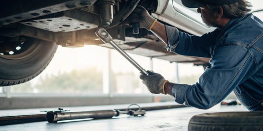 Mechanic performing a semi truck u joint replacement with a wrench.