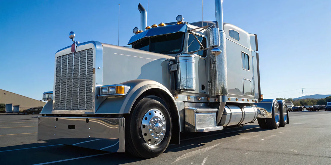 Semi truck with the best aftermarket chrome accessories like a grille, wheels, and exhaust stacks.