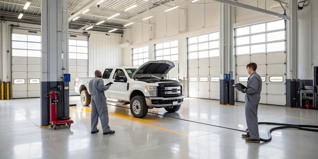 A white pickup truck being serviced at a local diesel shop in Marshall, MN.