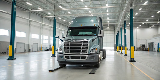 A Freightliner Cascadia truck undergoing a complete radiator replacement.