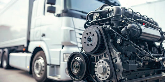 A diesel truck engine open for inspection and repair.