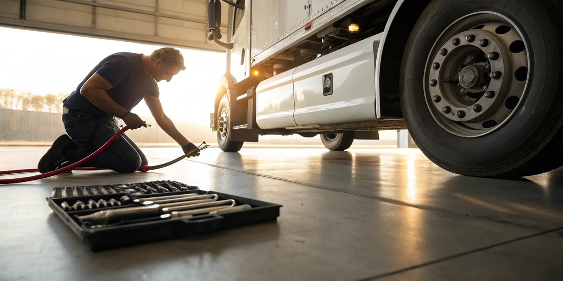 A mechanic uses tools to perform a semi truck air leak repair.