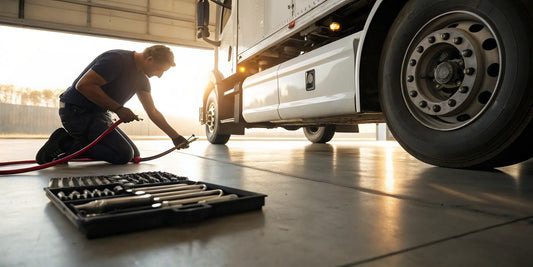 A mechanic uses tools to perform a semi truck air leak repair.