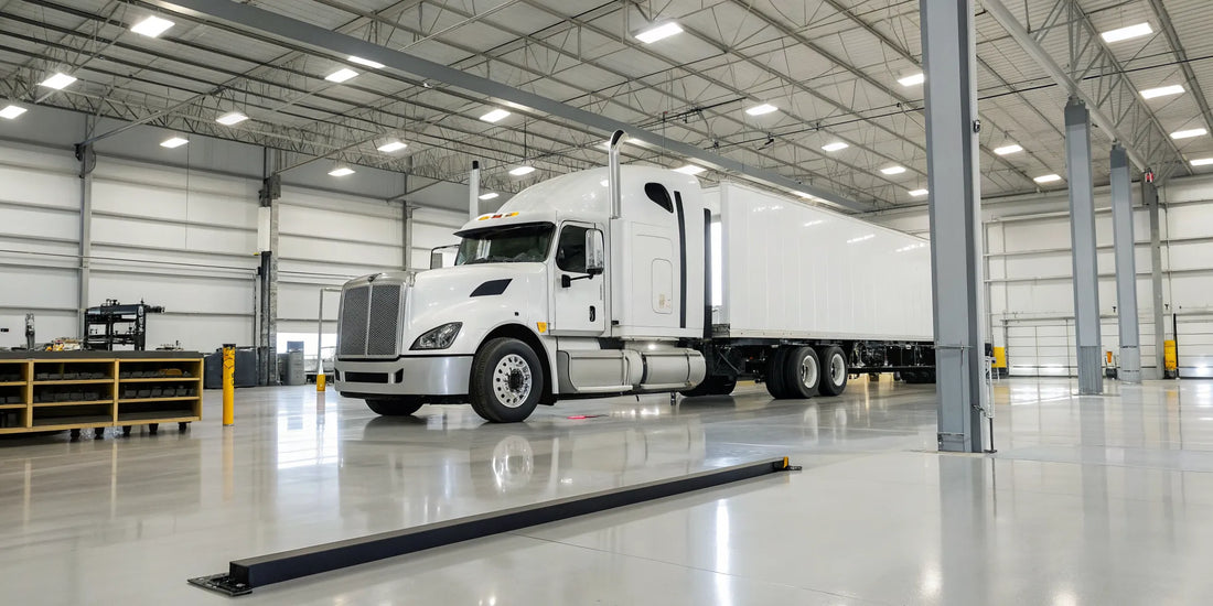 Commercial truck parts and installation in a service garage.