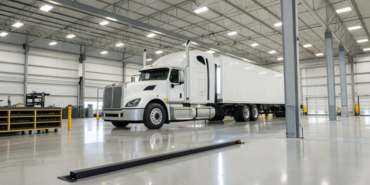 Commercial truck parts and installation in a service garage.
