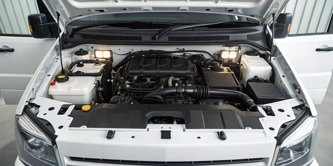 An open diesel truck engine bay prepared for routine service.