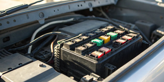 Truck fuse box under the hood, with fuses and relays protecting the vehicle's electrical system.