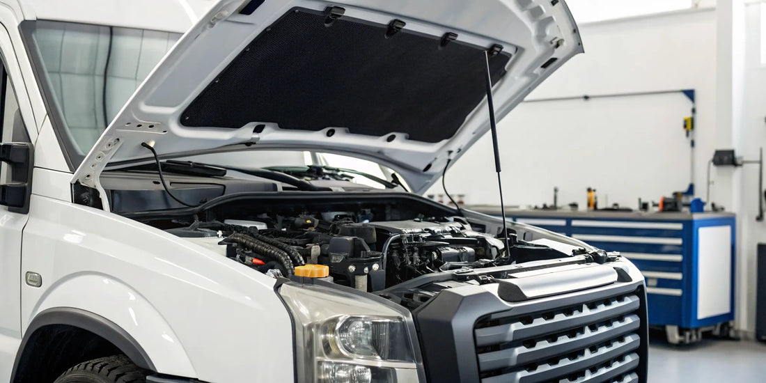 A truck's diesel engine with the hood open, ready for repair in a shop.