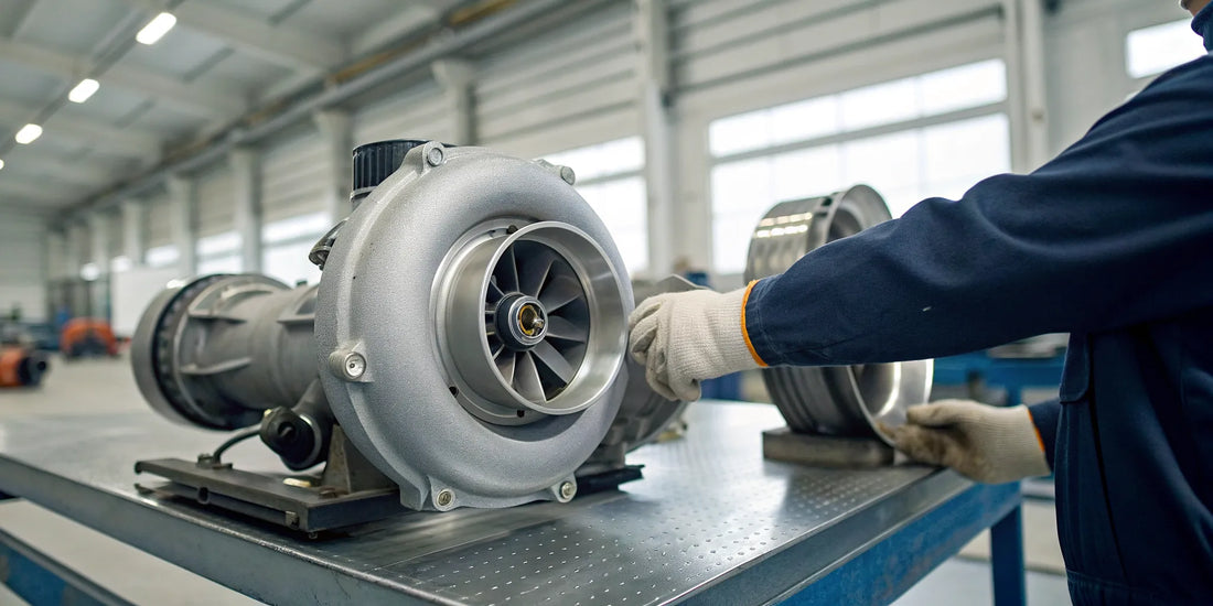 Technician performing diesel turbo service on an engine in a Watertown, SD shop.