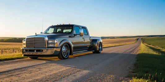 Custom truck build with a lowered suspension, chrome accents, and aftermarket wheels.