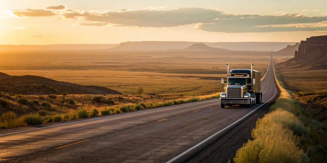 Semi truck on a highway at sunset looking for diesel near me.