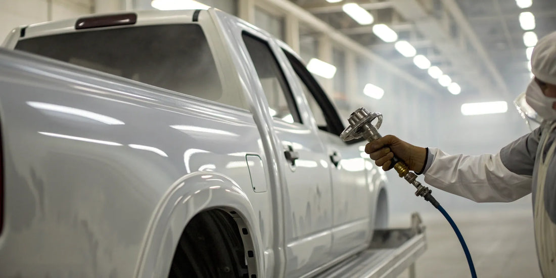 Applying a protective coat of paint to a truck frame.