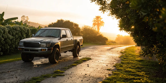 A pickup truck's frame and body protected from damage with rust prevention.