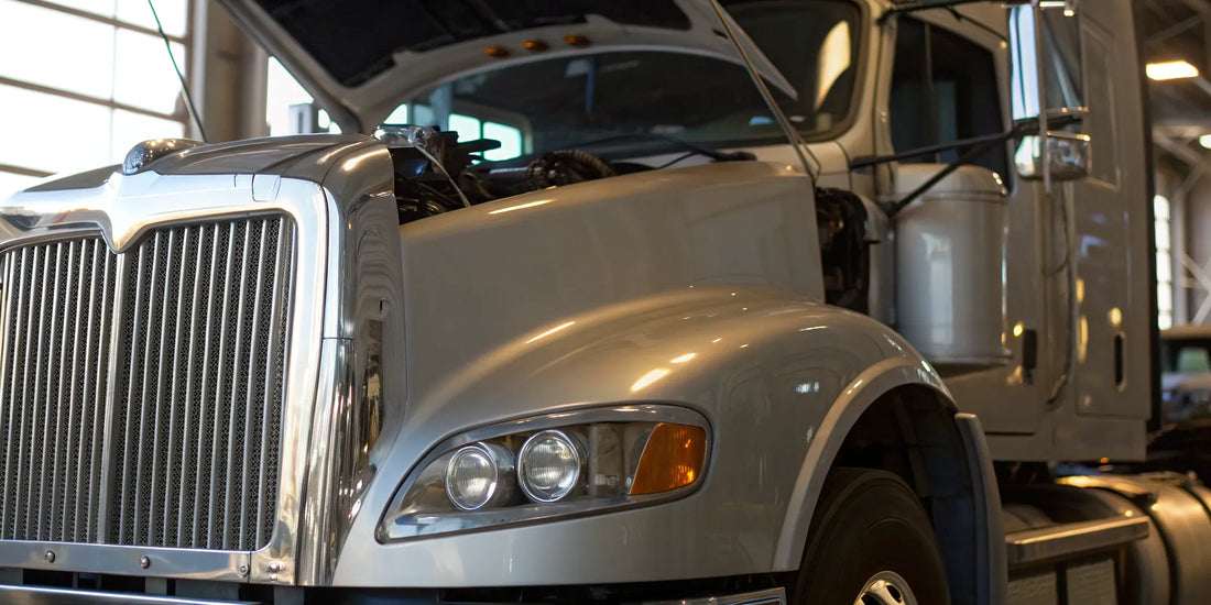 A semi truck with its hood open while troubleshooting power steering problems.