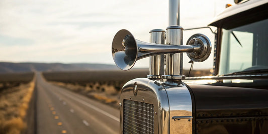 A chrome truck air horn and its connected air valve mounted on a truck.
